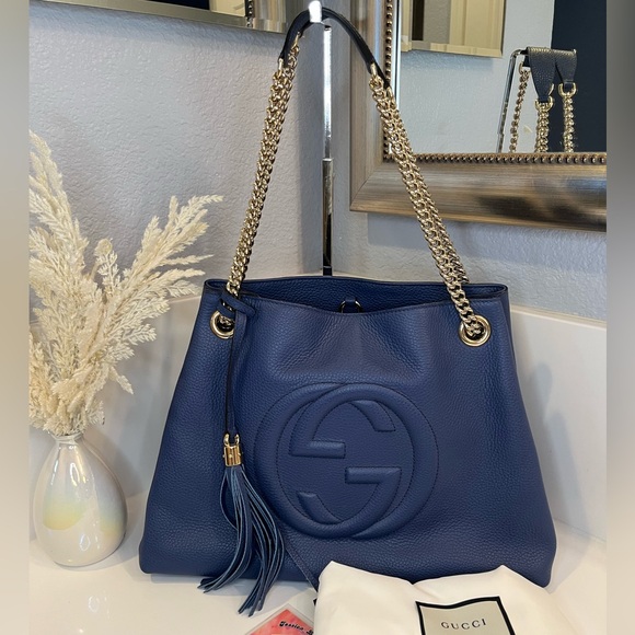 🎀 GUCCI Soho Leather With Tassel Blue Shoulder Bag - Picture 1 of 14